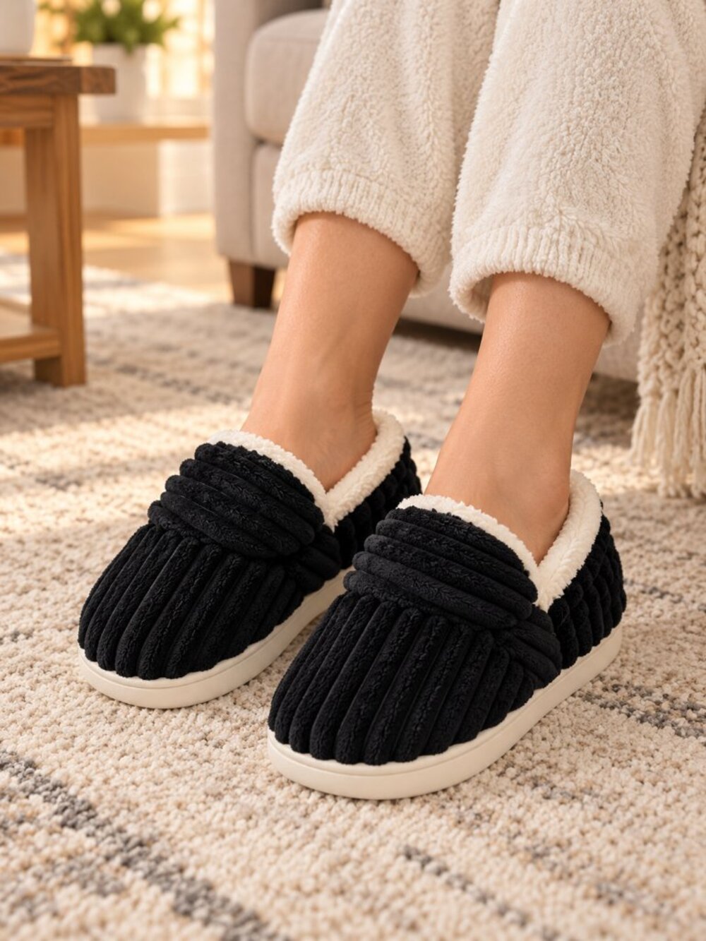 Vepcq Black Corduroy Plush Lined Slippers EU 38-39 US 8-8.5 NWT